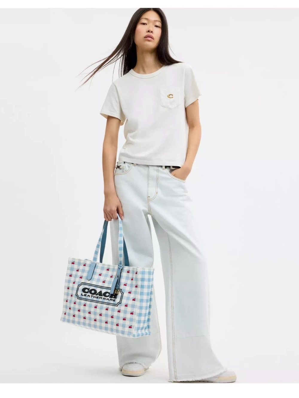 Coach Light Blue Gingham Tote with Red Cherry Print CES71 blue multi new 2026